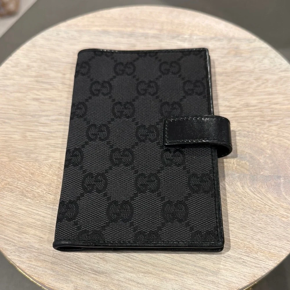 Gucci Pre Owned Black Canvas Monogram Wallet with inside Leather & Trim.